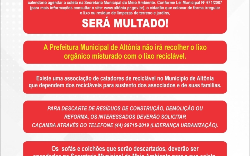 Calendário de Coleta de Galhos e Entulhos, Lixo Orgânico e Lixo Reciclável 