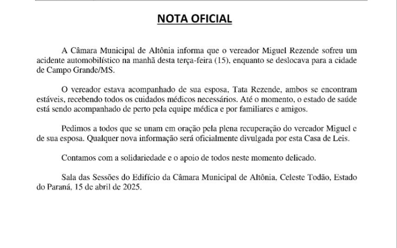 Nota Oficial sobre o Quadro Clínico do Vereador Miguel Rezende